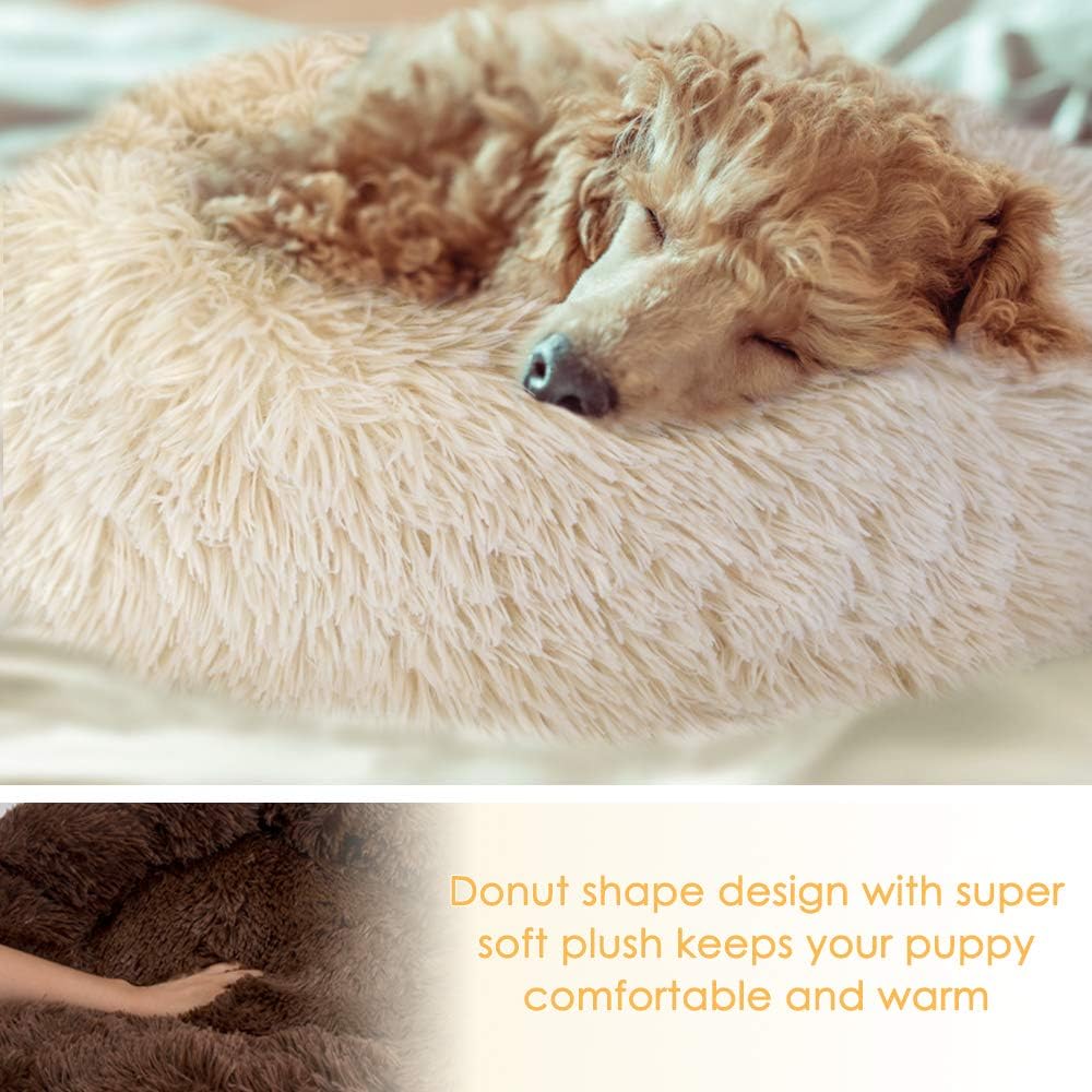 Calming Donut Dog Bed – 20" Ultra-Soft Plush Pet Pillow for Small Dogs & Cats, Anti-Anxiety Round Cuddler with Non-Slip Bottom, Machine Washable (Coffee, X-Small)